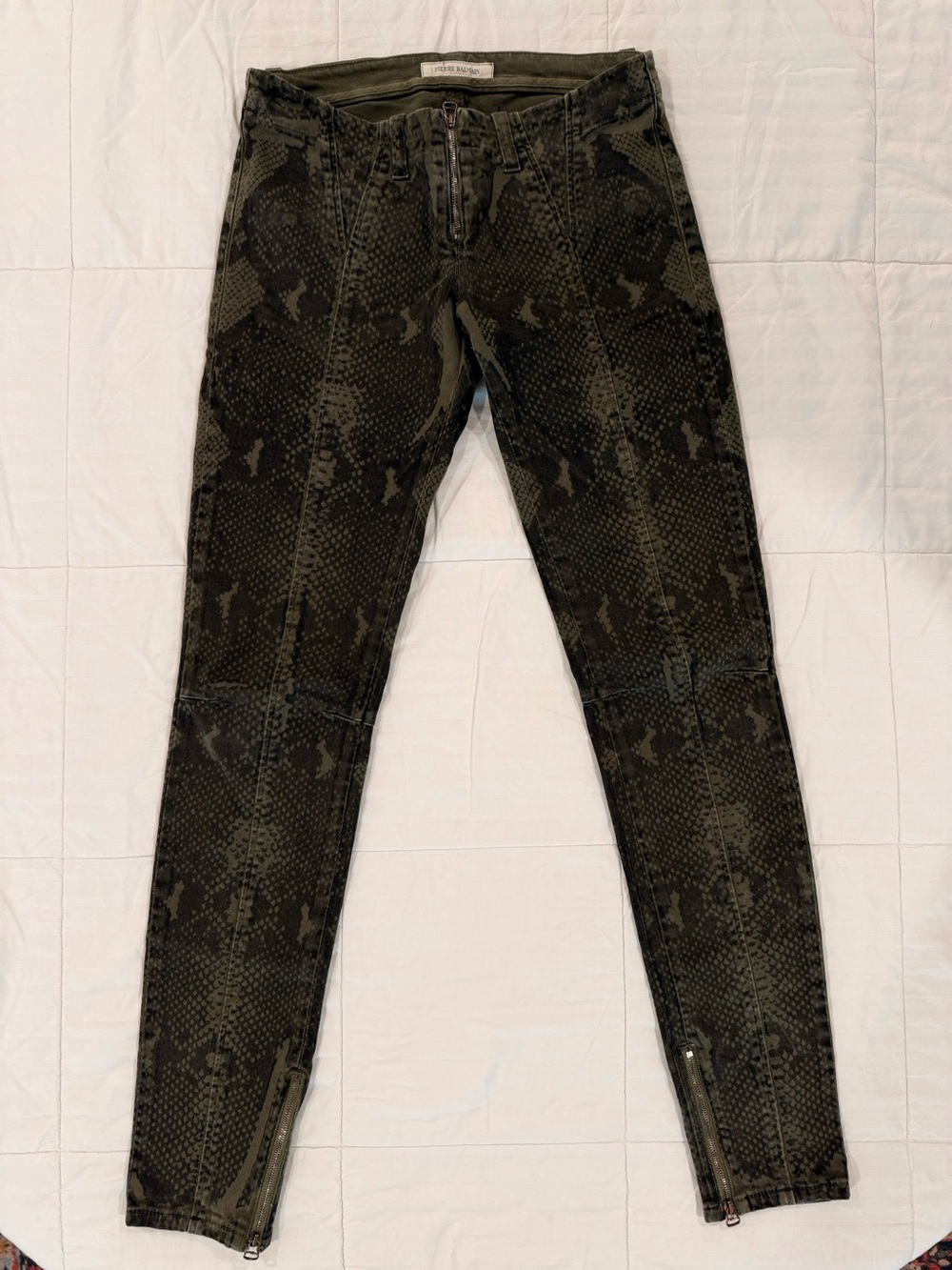 Vintage Pieree Balmain Women's Green Snake Print Jeans With Ziipper, Size 4